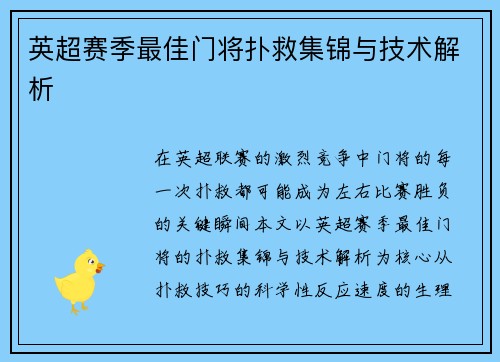 英超赛季最佳门将扑救集锦与技术解析