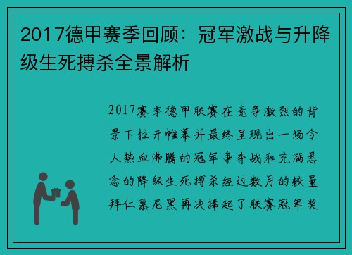 2017德甲赛季回顾：冠军激战与升降级生死搏杀全景解析