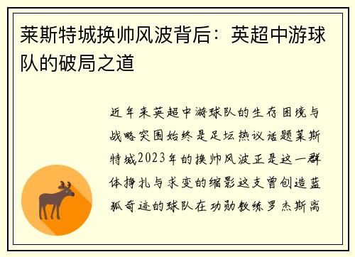 莱斯特城换帅风波背后：英超中游球队的破局之道